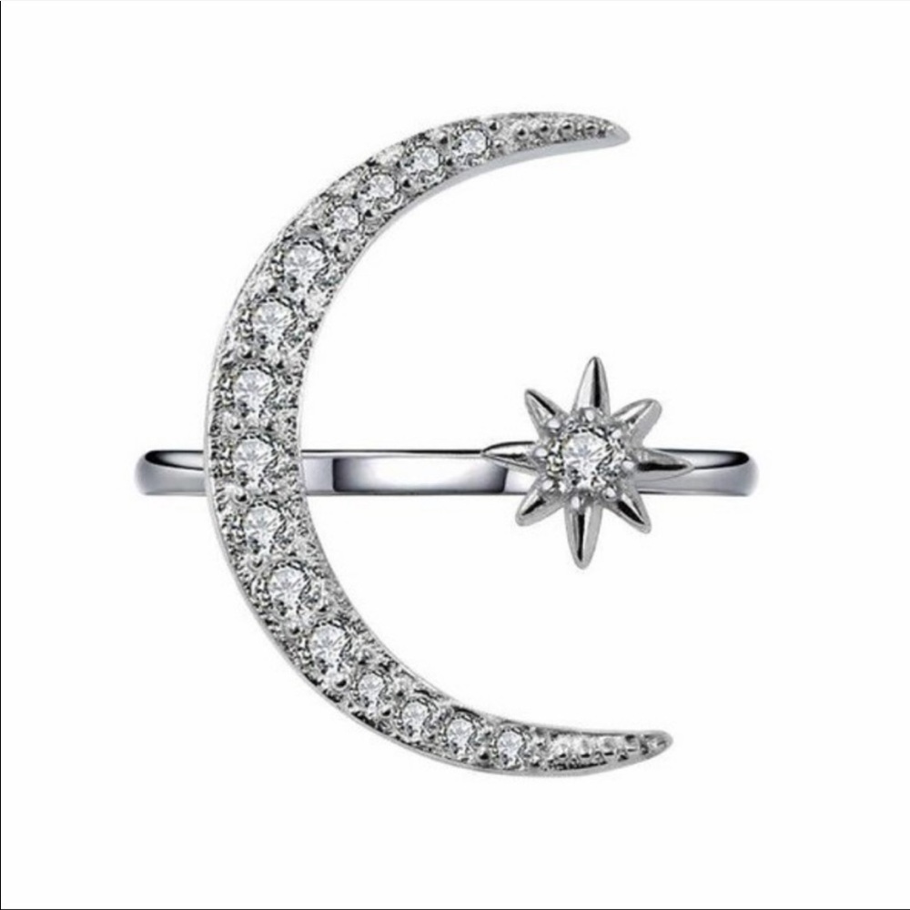 NEW RING STERLING SILVER DIAMOND RING MOON STAR ADJUSTABLE RING - Picture 3 of 4